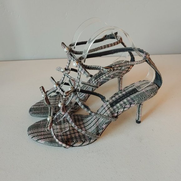 Zara Multicolor Plaid Sandals with Pearl Accents - Picture 4 of 10